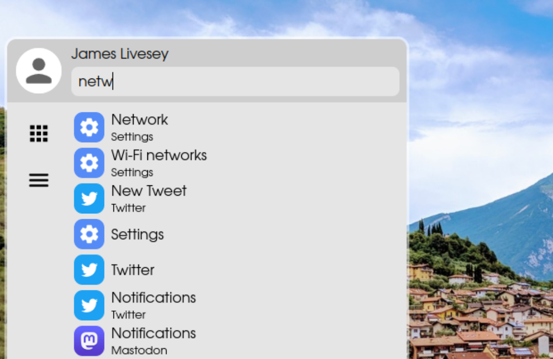 A screenshot of the app menu on the desktop version of LiveG OS. The term 'network' is being searched in the search bar, with suggestions for apps being shown below.