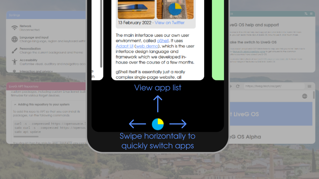A demonstrative screenshot of the app switcher on the mobile version of LiveG OS. Users can swipe up to view the app list, and swipe horizontally to quickly switch between apps.
