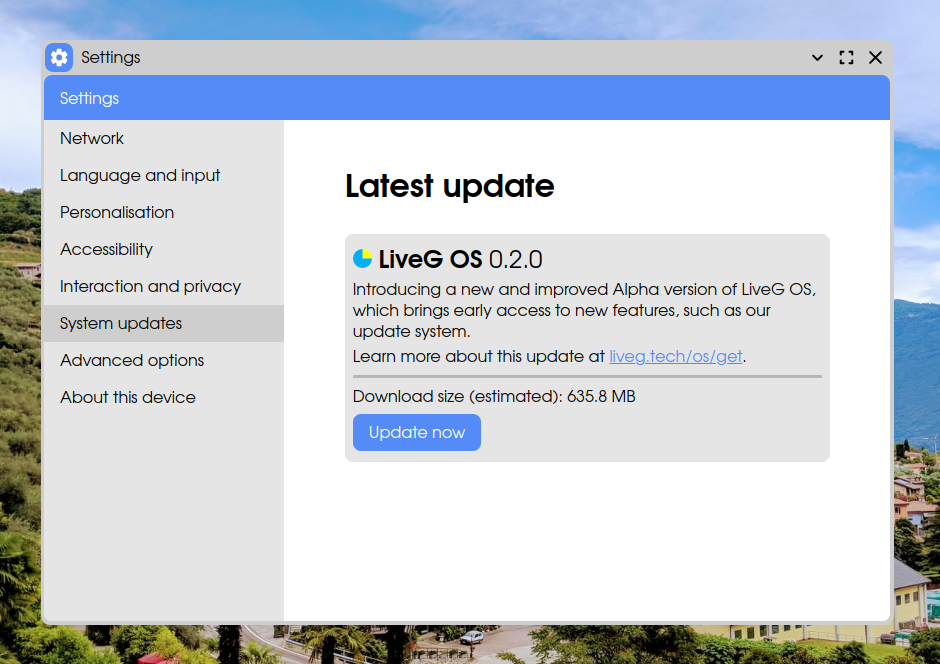 A screenshot of the system updates page in Settings, showing an example update.